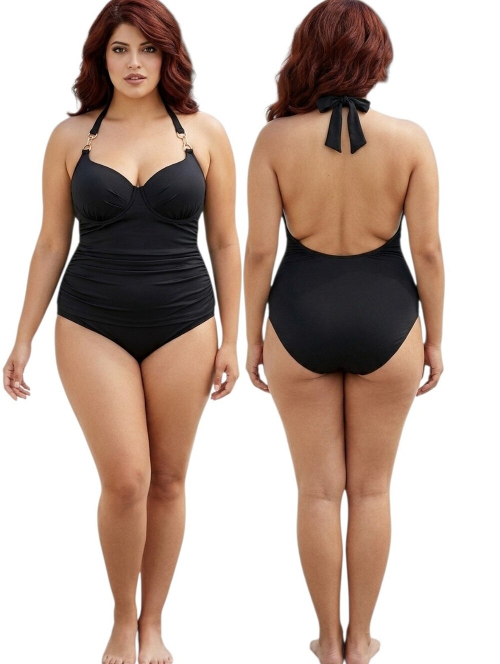 MARILYN MONROE Halter Neck Ruched One Piece Swimsuit - Size 1X